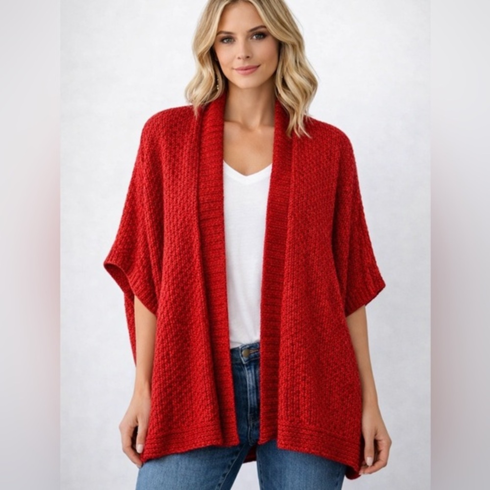 Burgundy Chunky Knit Open Front Cardigan Poncho Sweater Cozy Fall
